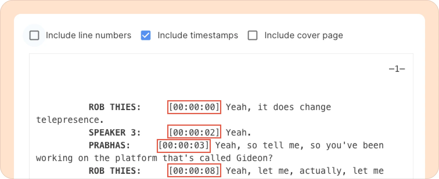 Timestamps in legal-formatted transcript.