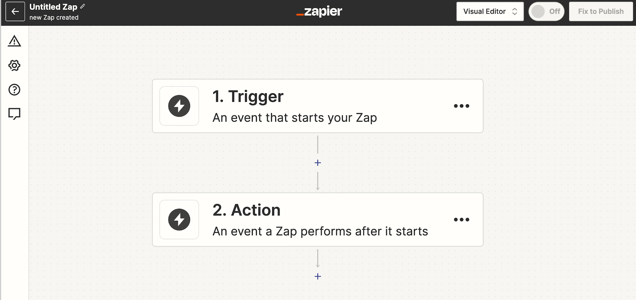 Creating a new zap- trigger box and action box.