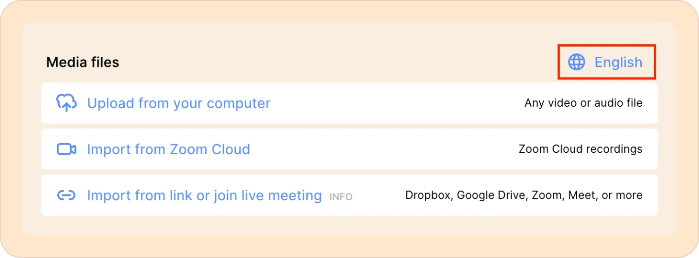 Screenshot of the language selector button in the recordings page in Reduct.
