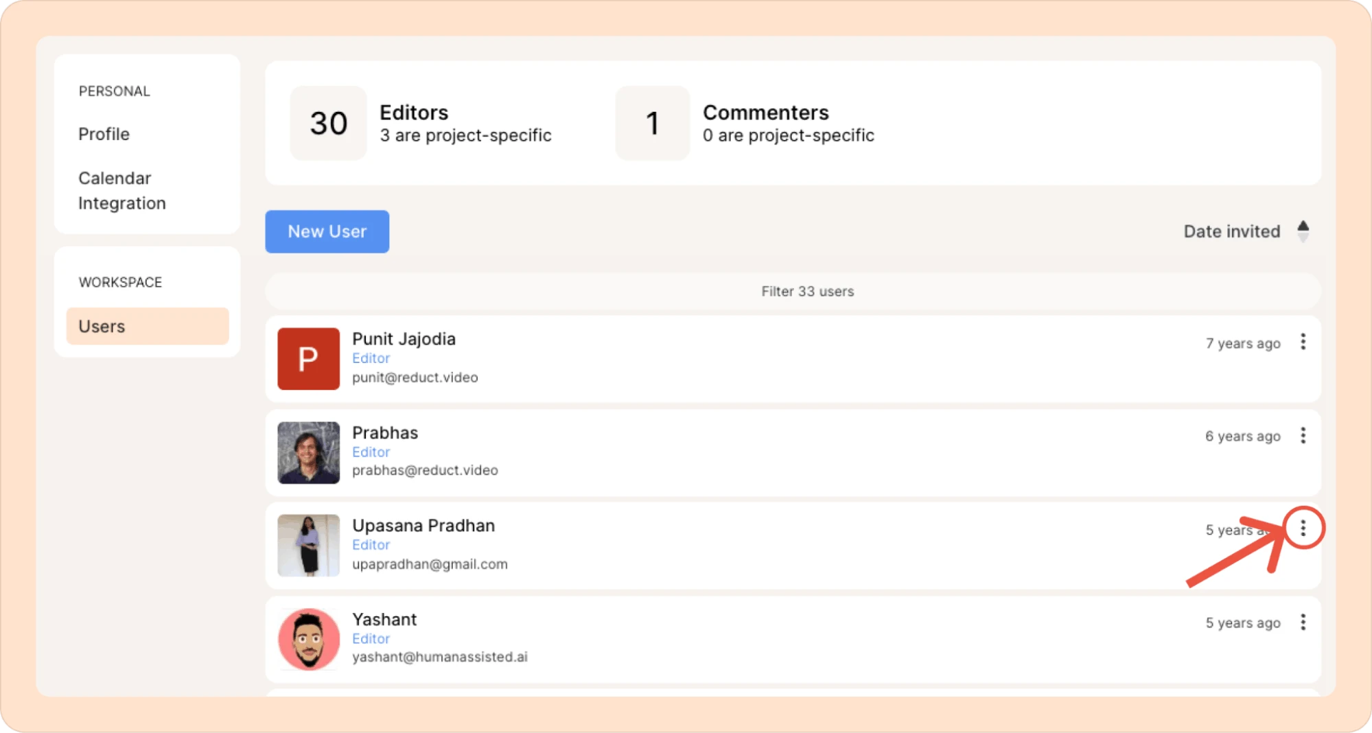 selecting a user from the Users page in Reduct