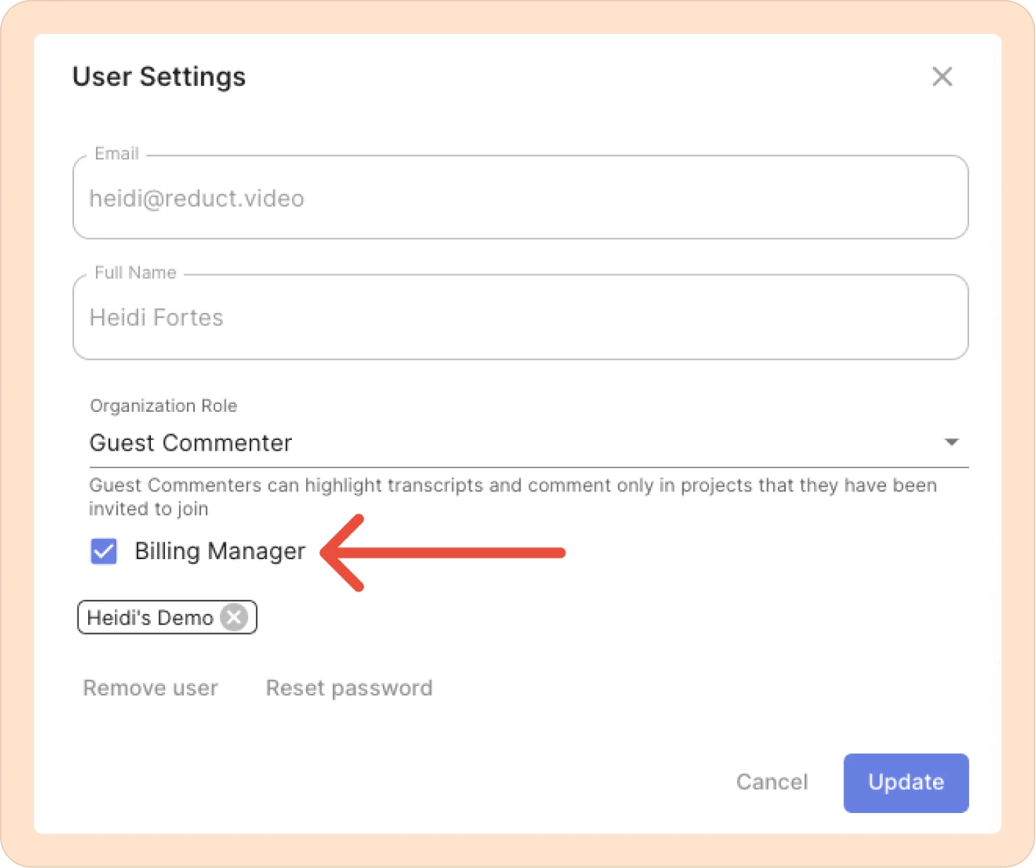adding a user as a billing manager in Reduct
