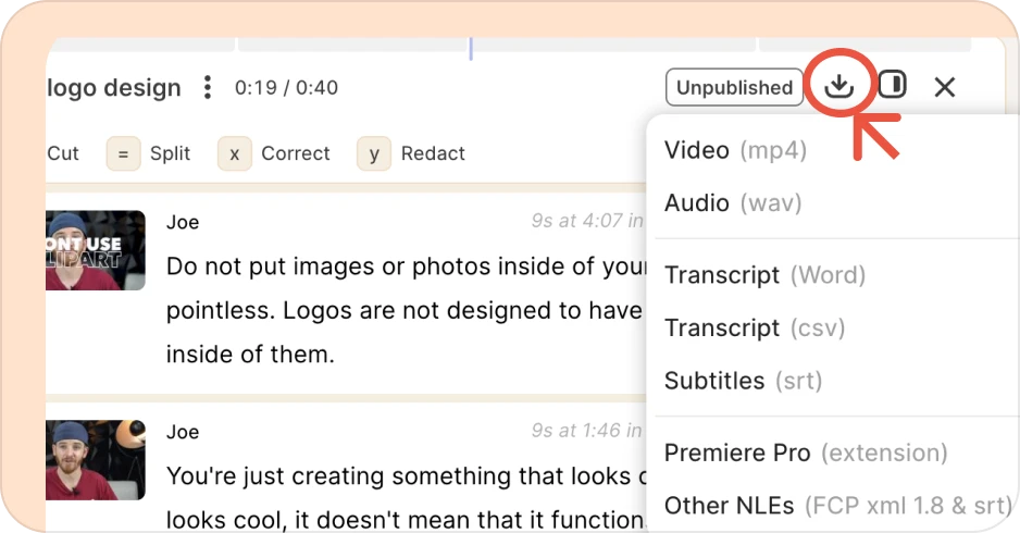 different options for downloading a Reduct reel
