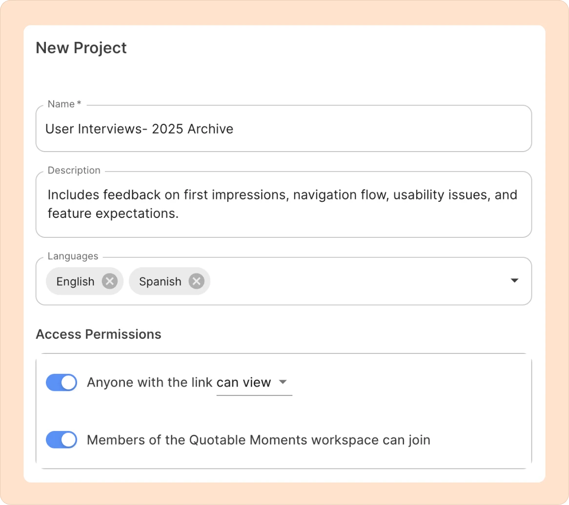 different options when creating a project in Reduct