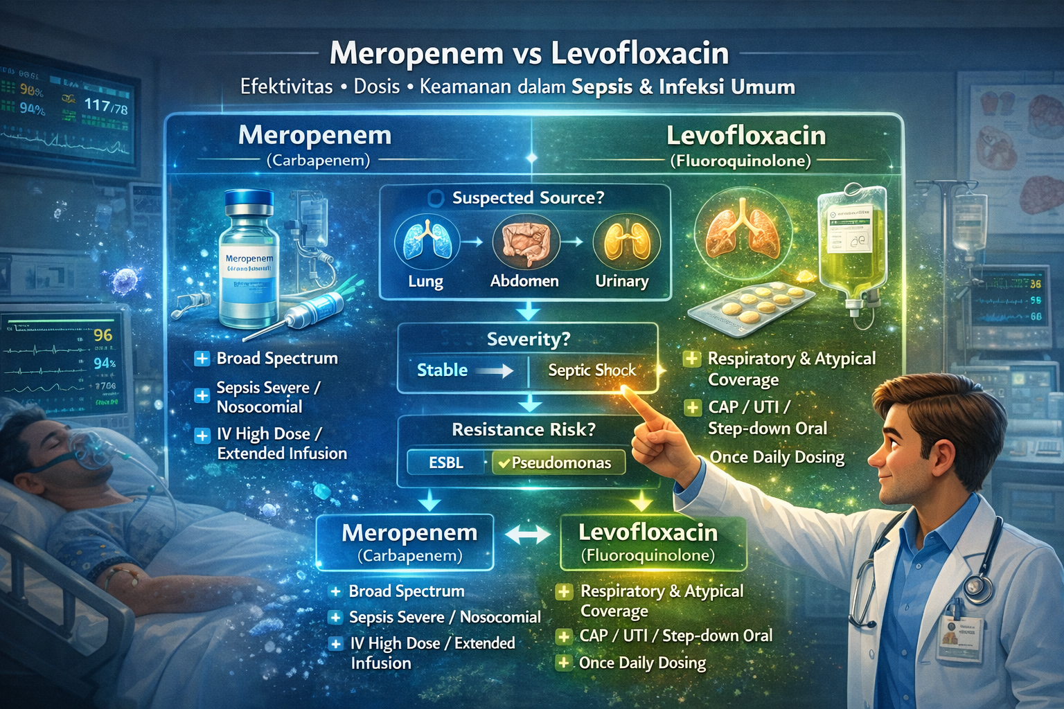 Meropenem vs Levofloxacin: Perbandingan Kritis Efektivitas, Dosis, dan Keamanan dalam Konteks Diagnosis dan Terapi Sepsis serta Infeksi Umum – Tinjauan Bukti PubMed
