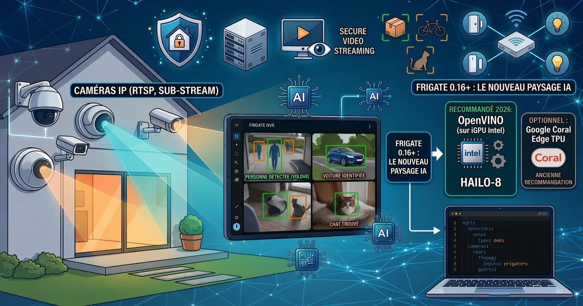 Dashboard Frigate intégré à Home Assistant avec 4 flux caméras et détection d'objets en direct