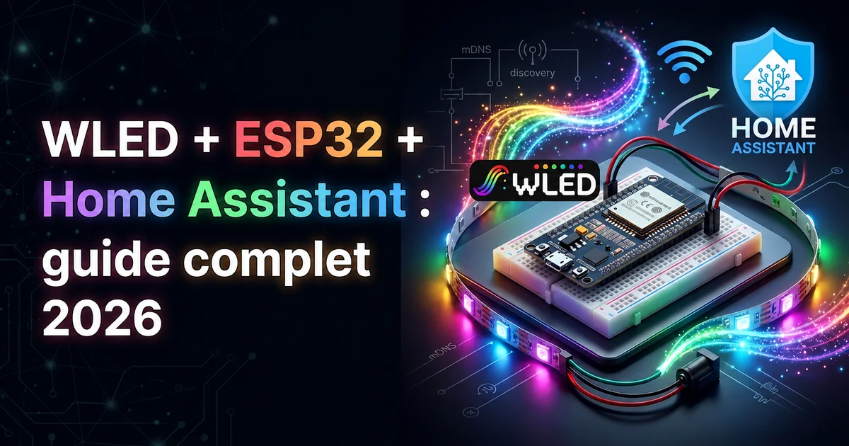 Contrôleur ESP32 WLED connecté à un ruban LED WS2812B avec interface Home Assistant en arrière-plan