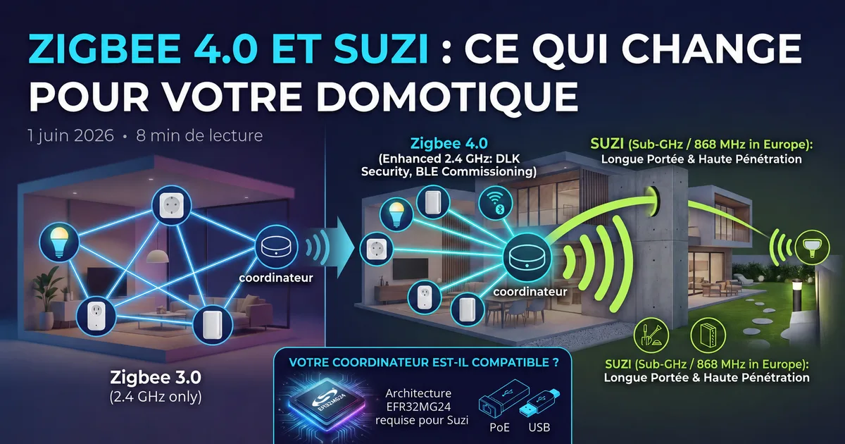 Coordinateur Zigbee SLZB-06MG24 à puce EFR32MG24 posé sur une table, texte Zigbee 4.0 visible à l'écran d'un ordinateur en arrière-plan
