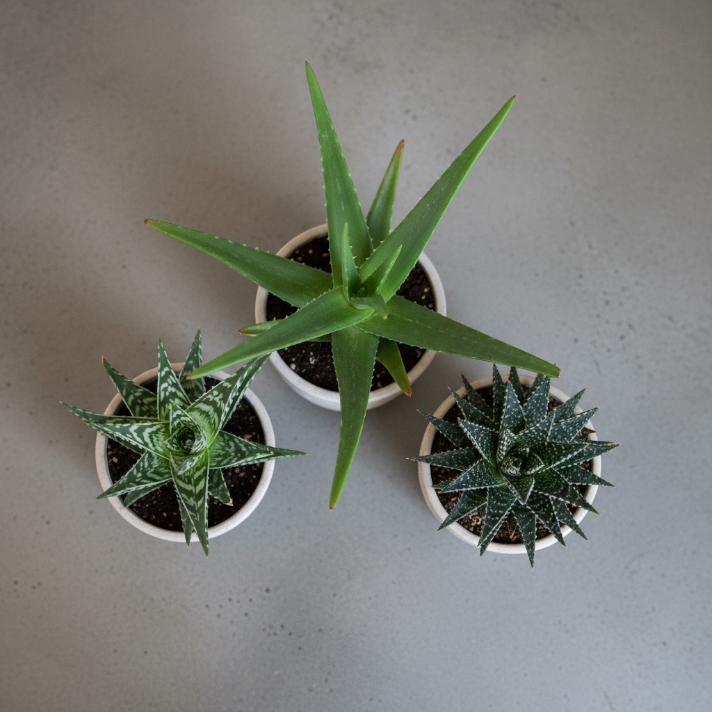 Estetyczne ujęcie z góry na trzy różne doniczki z popularnymi gatunkami aloesu. W centrum znajduje się Aloe vera, po lewej Aloe variegata z wyraźnymi paskami, a po prawej zwarty Aloe aristata. Stoją na minimalistycznym, betonowym blacie, a kompozycja podkreśla różnorodność kształtów i wzorów liści.