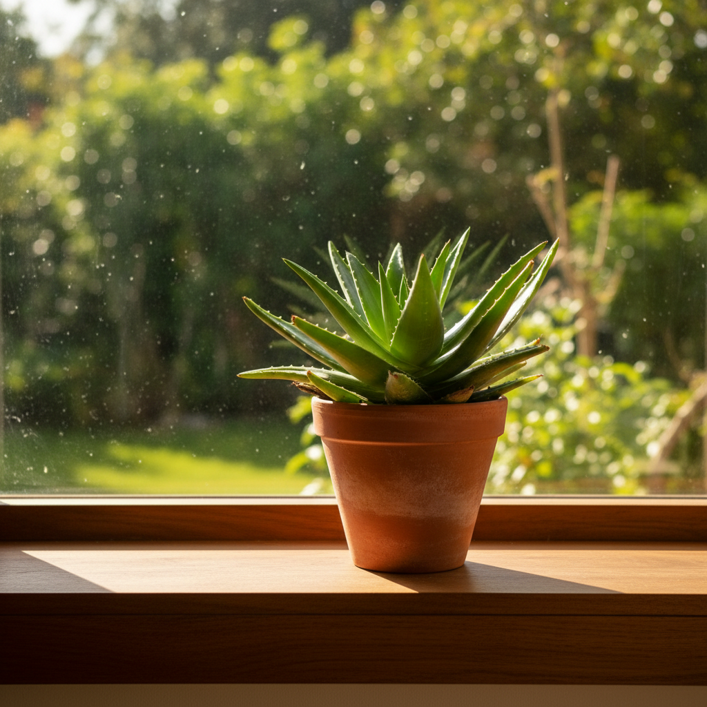 Piękny, zdrowy aloes w glinianej doniczce stoi na szerokim, drewnianym parapecie zalanym popołudniowym słońcem. Przez okno widać zielone, lekko rozmyte tło ogrodu. Scena jest spokojna i podkreśla idealne, nasłonecznione stanowisko dla rośliny.