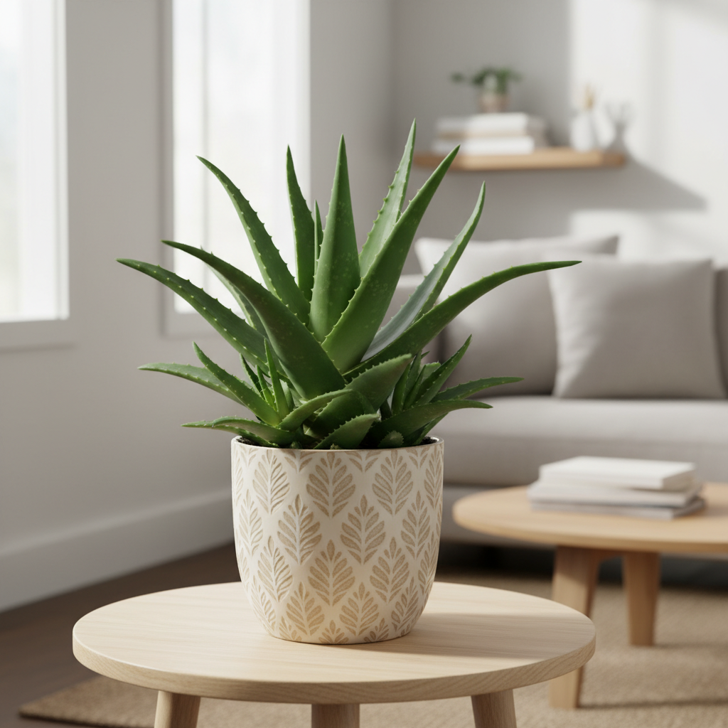 Zdjęcie przedstawia duży, zdrowy okaz aloesu zwyczajnego (Aloe vera) w stylowej, ceramicznej doniczce. Roślina stoi na drewnianym stoliku w jasno oświetlonym salonie. Tło jest lekko rozmyte, ukazując fragment nowoczesnego wnętrza z dużą ilością naturalnego światła. Kadr jest estetyczny, ciepły i inspirujący, zachęcający do wprowadzenia roślin do domu.