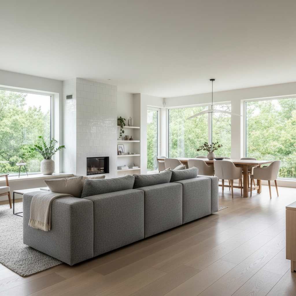 Szerokie, panoramiczne ujęcie jasnego salonu w stylu skandynawskim, które ukazuje otwartą przestrzeń łączącą się z jadalnią. W centrum znajduje się duża, modułowa sofa w odcieniu szarości, a w tle widać nowoczesny kominek z białych kafli oraz duży stół jadalniany z tapicerowanymi krzesłami. Całość skąpana jest w naturalnym świetle wpadającym przez duże okna z widokiem na zieleń.