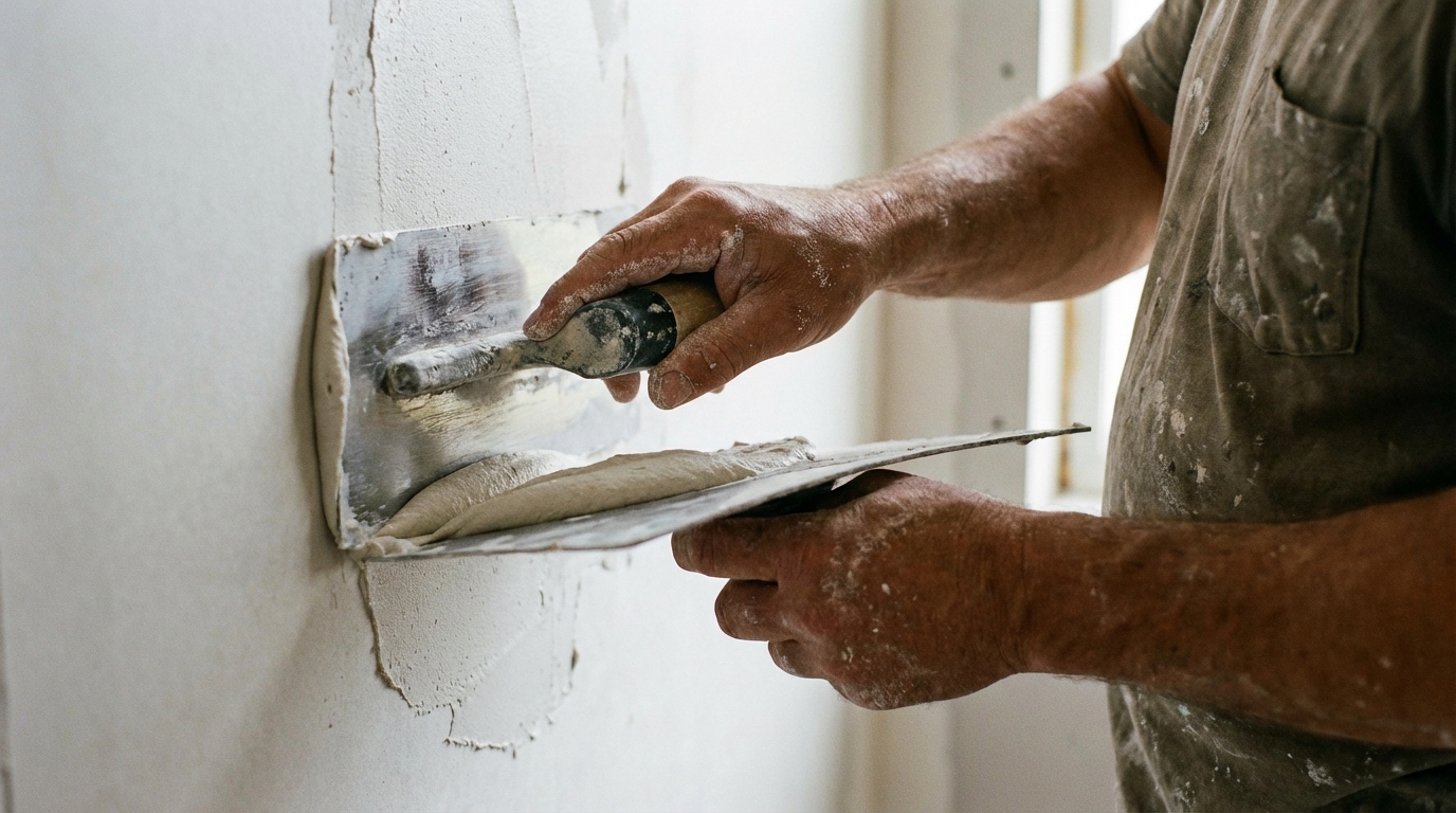 Ujęcie z bliska na dłonie mężczyzny nakładającego gładź gipsową na ścianę.