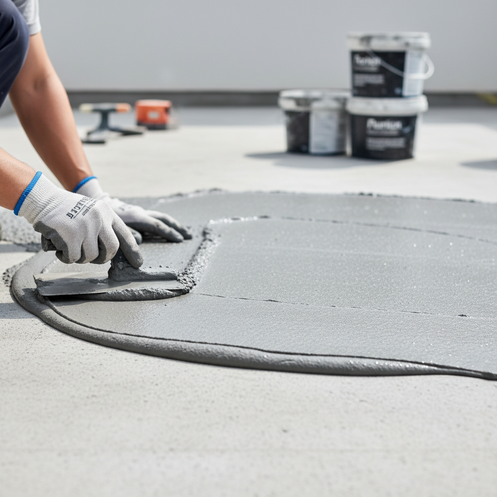 Czyste, estetyczne ujęcie przedstawiające fachowca w roboczych rękawicach, który za pomocą pacy równomiernie rozprowadza nowoczesną, szarą masę hydroizolacyjną na fragmencie betonowego podłoża tarasu. Scena jest dobrze oświetlona, a aplikacja wygląda na łatwą i precyzyjną.