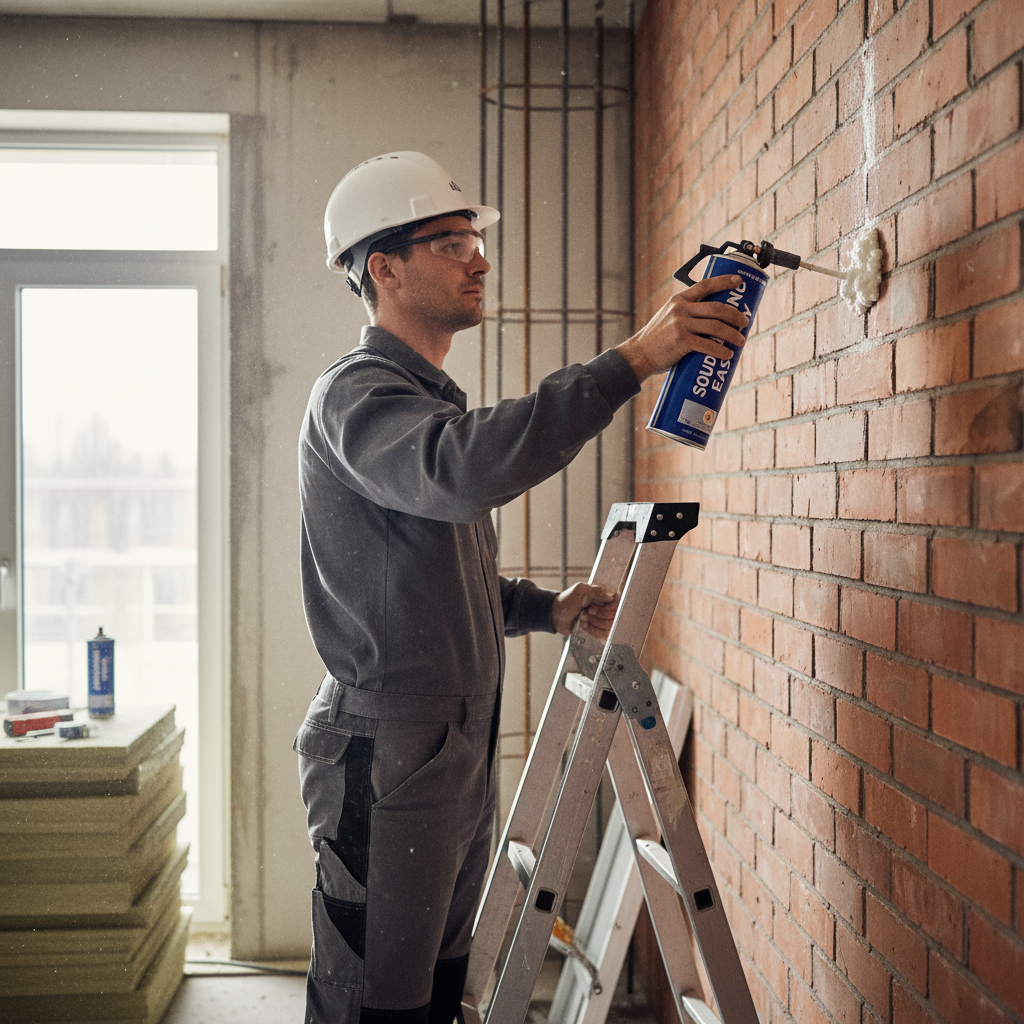 Zdjęcie przedstawiające postać budowniczego stojącego na drabinie, który jedną ręką wygodnie aplikuje klej Soudabond Easy na ścianę. Druga ręka jest wolna, co podkreśla bezpieczeństwo i ergonomię pracy. Ujęcie jest dynamiczne i pokazuje produkt w akcji.
