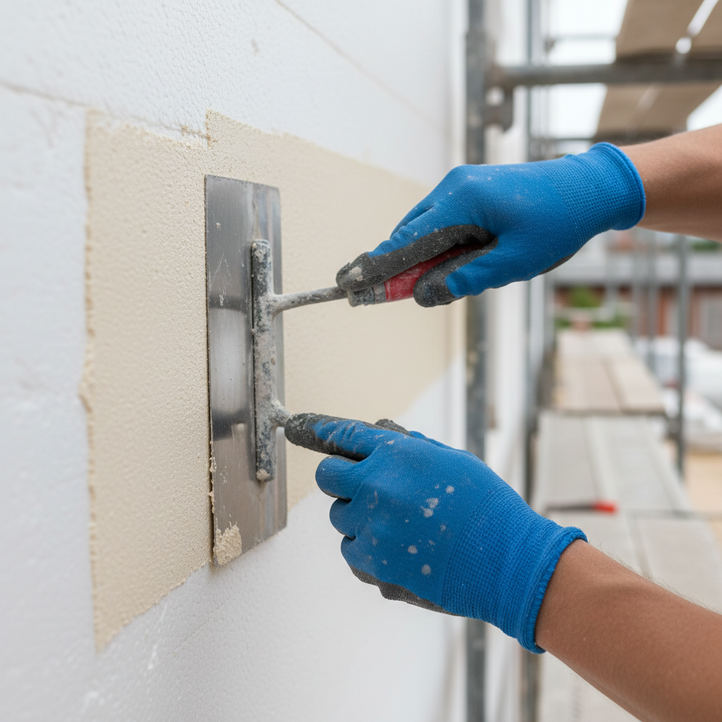 Aplikacja tynku - Ujęcie z bliska na dłonie pracownika budowlanego w rękawicach, który za pomocą pacy ze stali nierdzewnej zaciera tynk cienkowarstwowy na ocieplonej styropianem ścianie. Widać charakterystyczną strukturę tynku i precyzję ruchu. Scena jest dobrze oświetlona, a tło lekko rozmyte, aby skupić uwagę na procesie aplikacji.