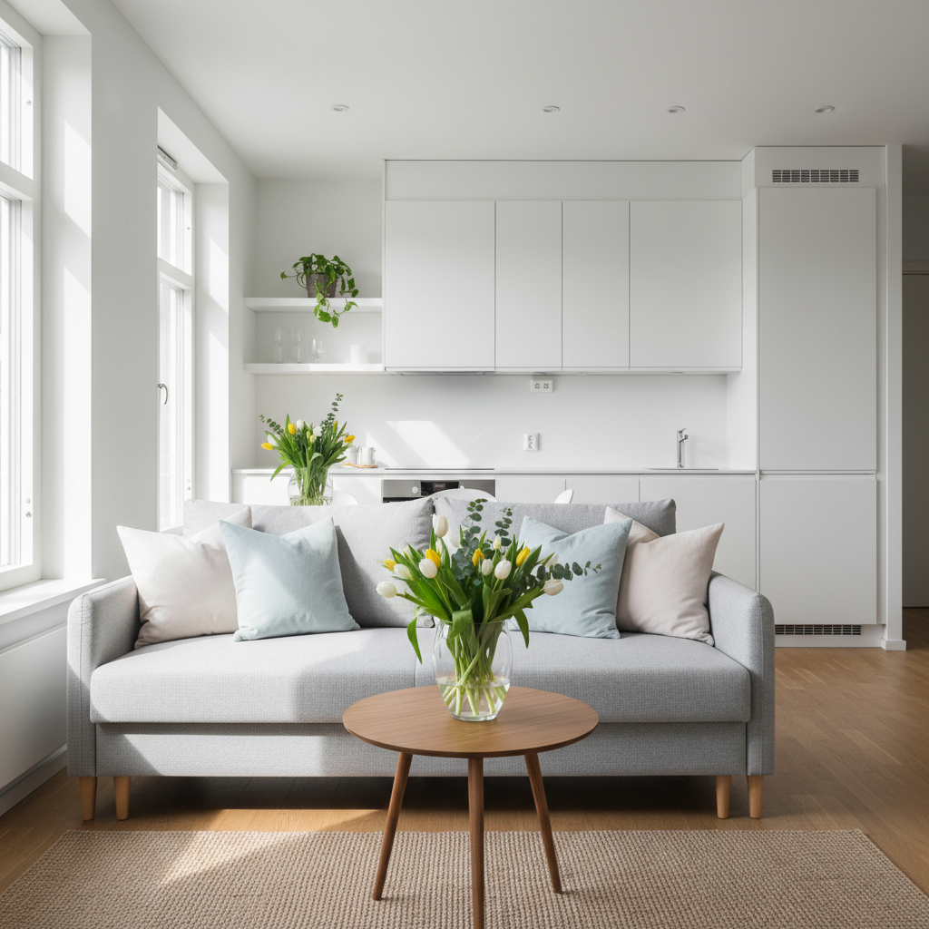 Jasne, skąpane w słońcu wnętrze nowoczesnej kawalerki z aneksem kuchennym. W tle widać minimalistyczną, białą zabudowę kuchenną, a na pierwszym planie znajduje się stylowa, szara rozkładana sofa z kilkoma pastelowymi poduszkami. Obok sofy stoi mały, drewniany stolik kawowy z wazonem świeżych kwiatów. Całość utrzymana w stylu skandynawskim, z naciskiem na przestronność i przytulność. Fotografia wykonana w technice hyperrealistic, z miękkim, naturalnym oświetleniem.