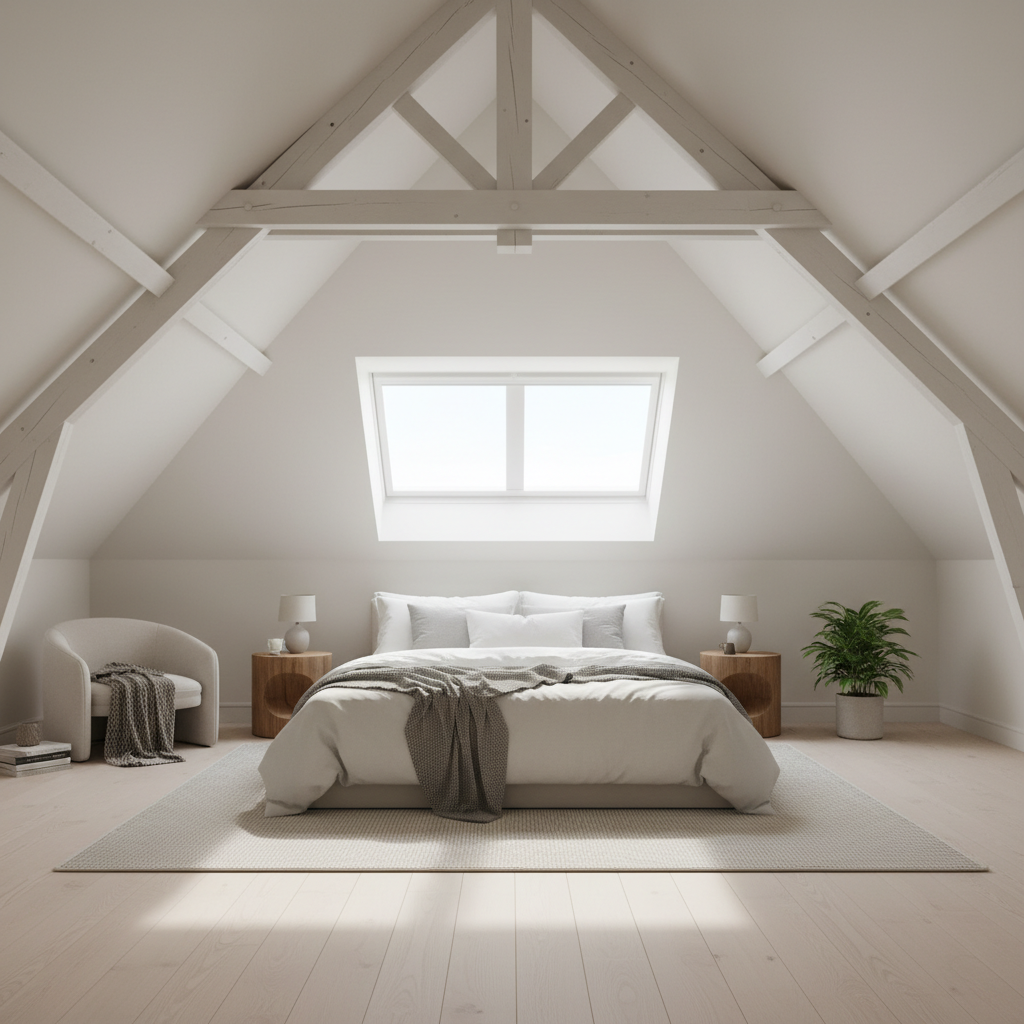 Minimalistyczne, jasne i przytulne wnętrze sypialni na poddaszu. W centrum znajduje się duże łóżko, a przestrzeń jest całkowicie otwarta, bez żadnych słupów konstrukcyjnych. Skośny sufit z widocznymi, pomalowanymi na biało belkami wiązarów dodaje wnętrzu charakteru. Duże okno dachowe oświetla całe pomieszczenie, tworząc spokojną i relaksującą atmosferę.