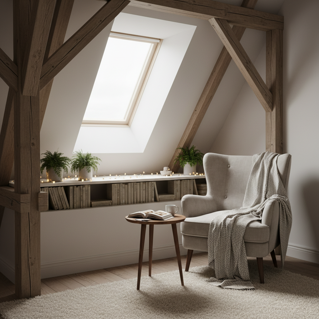 Przytulny kącik do czytania na poddaszu, z fotelem i małym stolikiem ustawionym bezpośrednio przy ściance kolankowej o wysokości około 1 metra. Za fotelem, pod skosem dachu, znajduje się niska, stylowa biblioteczka. Wnętrze jest jasne i ciepłe, a widoczna konstrukcja dachu dodaje mu charakteru.