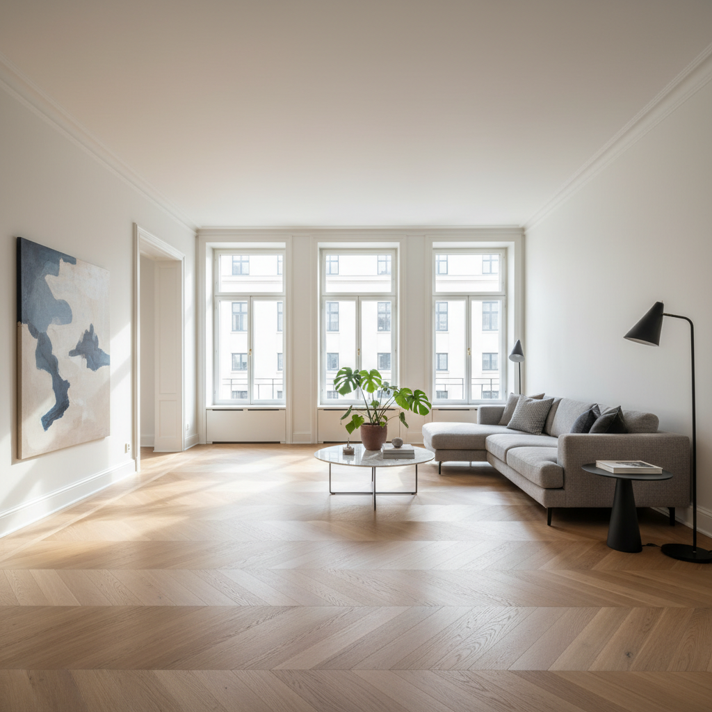 Szerokie ujęcie przestronnego, jasnego salonu, w którym główną rolę gra piękna, drewniana podłoga w jodełkę. Światło wpadające przez duże okna podkreśla naturalne usłojenie drewna. Wnętrze jest minimalistycznie urządzone, z nowoczesną sofą i kilkoma stylowymi dodatkami, co pozwala podłodze w pełni zdominować i zdefiniować charakter przestrzeni.