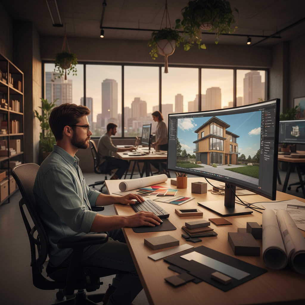 Nowoczesne biuro architektoniczne. Młody, skupiony architekt pracuje przy dużym monitorze, na którym widać trójwymiarowy model domu. Na biurku leżą wzorniki kolorów i materiałów. Atmosfera skupienia i kreatywności.