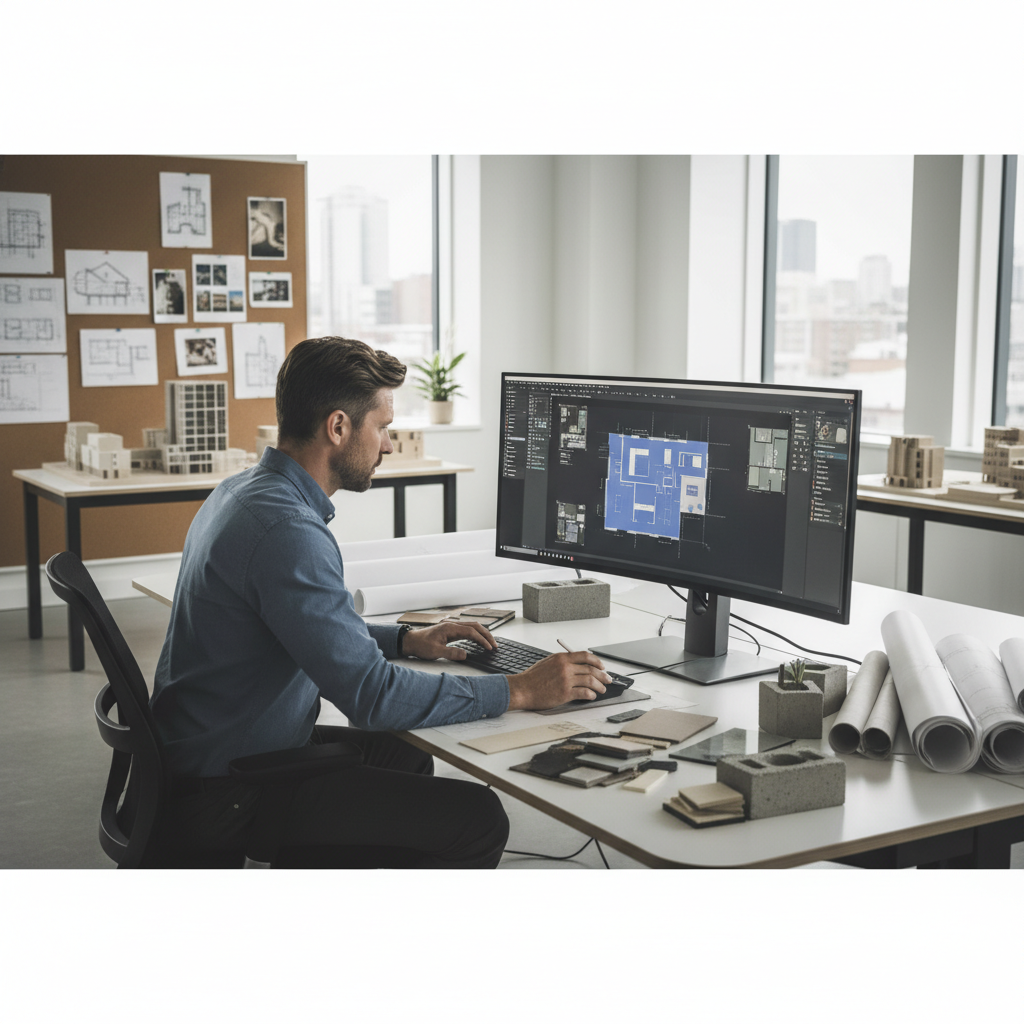 Architekt siedzący przy dużym stole kreślarskim lub przed monitorem z oprogramowaniem CAD, analizujący plany budowlane w nowoczesnym, jasnym biurze. W tle widać inne projekty i wzorniki materiałów.