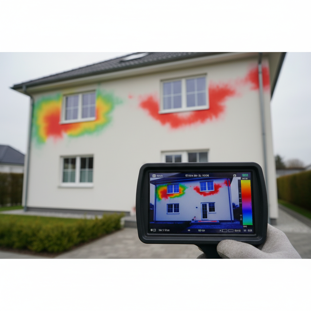 Ujęcie z perspektywy specjalisty trzymającego kamerę termowizyjną, skierowaną na fasadę domu. Na ekranie kamery widać kolorowy obraz budynku, gdzie czerwone i żółte plamy wokół okien i na narożnikach wyraźnie wskazują miejsca utraty ciepła.