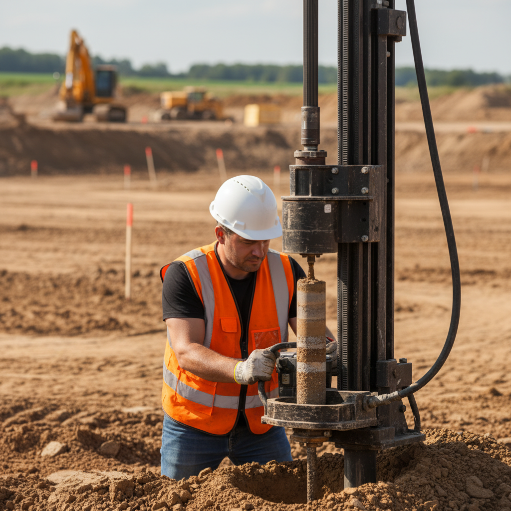 Geotechnik w kasku i kamizelce odblaskowej, obsługujący ręczną wiertnicę geologiczną na działce budowlanej. Z otworu w ziemi wyciągany jest rdzeń z próbką gruntu. W tle widać przygotowany teren pod budowę. Ujęcie skupia się na pracy specjalisty i sprzęcie badawczym.