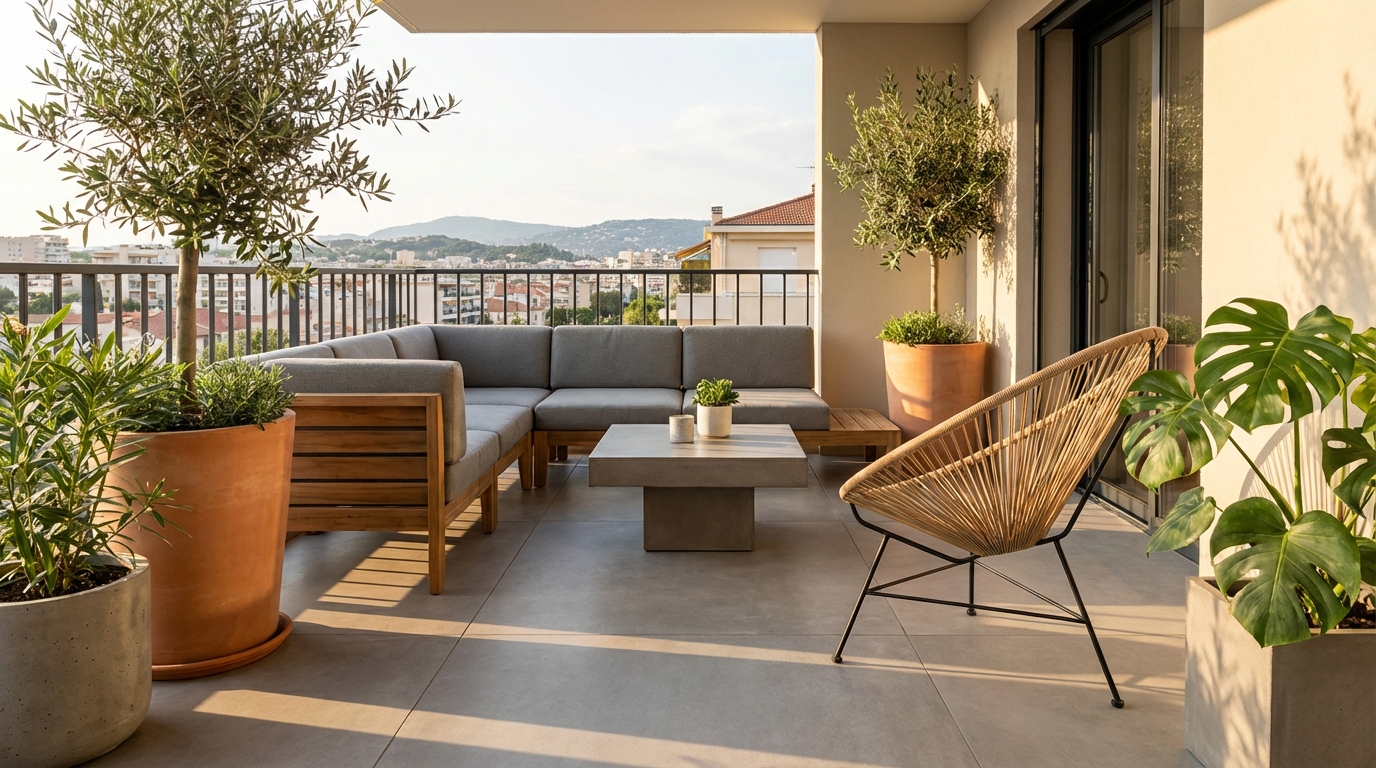 Pięknie zaaranżowany, nowoczesny balkon po remoncie. Widać na nim stylowe meble ogrodowe, donice z zielonymi roślinami i gładką, nową posadzkę. Słońce delikatnie oświetla scenę, tworząc ciepłą, relaksującą atmosferę. Zdjęcie ma charakter inspiracyjny, pokazujący efekt końcowy udanej renowacji.
