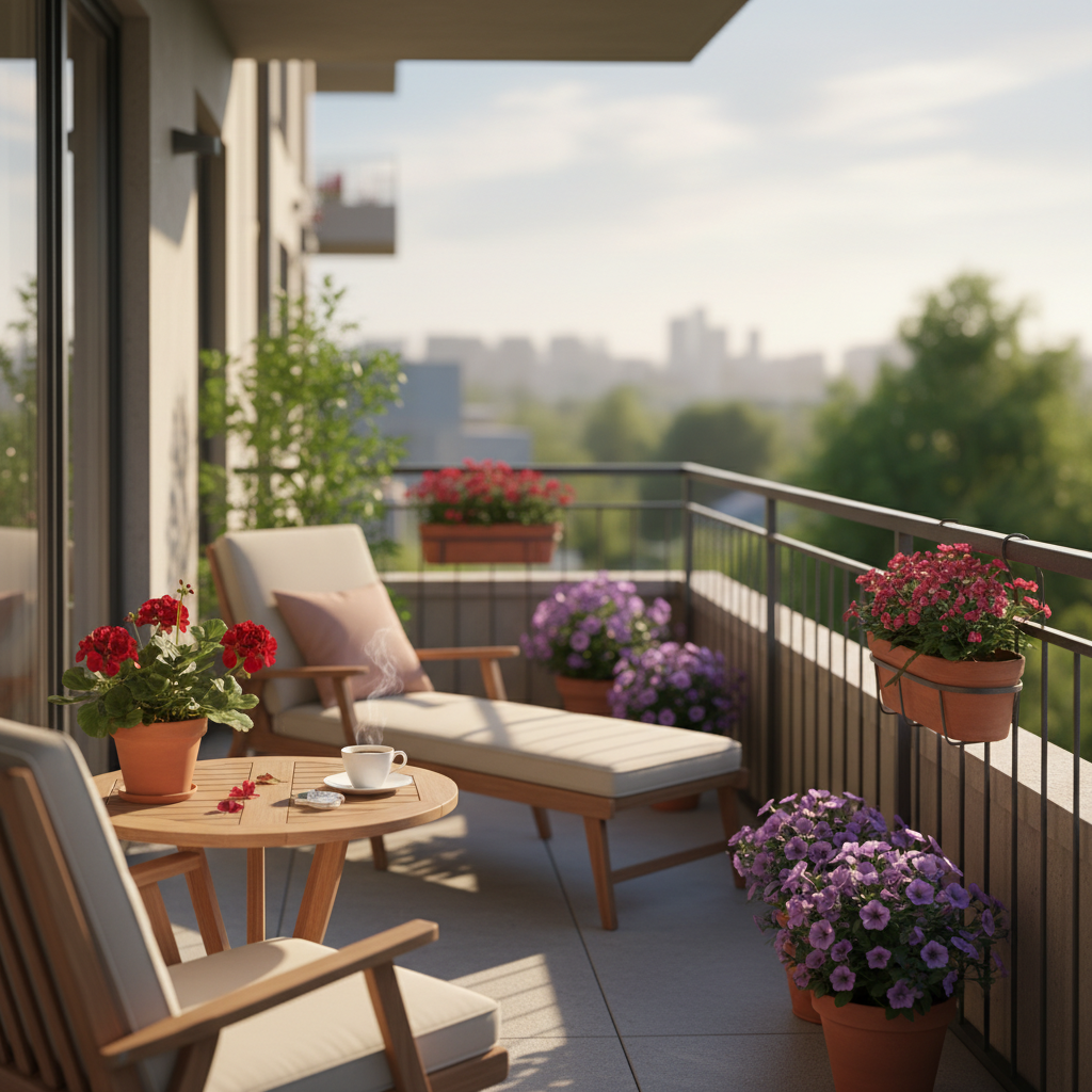Szeroki kadr przedstawiający pięknie urządzony, czysty balkon w słoneczny, wiosenny dzień. Widać na nim wygodne meble ogrodowe z poduszkami, kwitnące kwiaty w donicach (np. pelargonie, surfinie) i filiżankę kawy na małym stoliku. Perspektywa sugeruje relaks i odpoczynek. Tło jest lekko rozmyte, skupiając uwagę na balkonie jako oazie spokoju.