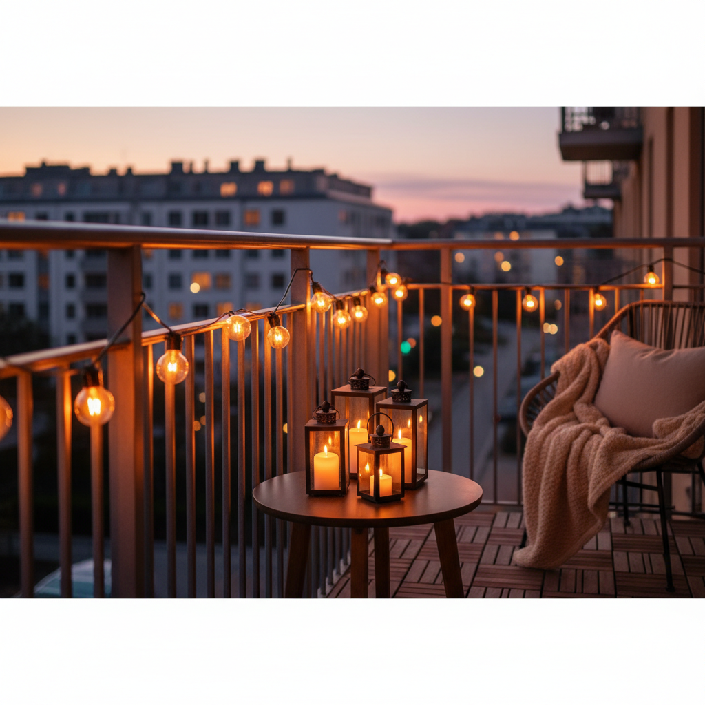 Klimatyczna scena balkonu o zmierzchu. Ciepłe światło girlandy świetlnej typu "żarówki Edisona" rozwieszonej wzdłuż barierki tworzy przytulną atmosferę. Na małym stoliku stoi kilka lampionów ze świecami. W tle widać zarys wygodnego fotela z miękkim kocem, zapraszającego do wieczornego relaksu.