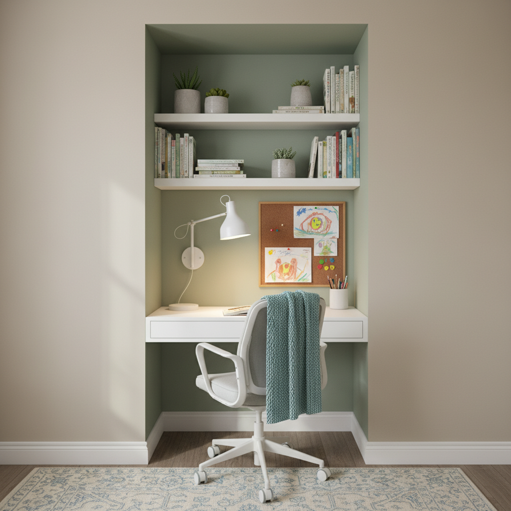 Przytulny kącik do nauki wkomponowany w niszę w ścianie. Małe, białe biurko z ergonomicznym krzesłem, nad nim półki z książkami i lampka ścienna oświetlająca blat. Dziecięce rysunki przypięte do tablicy korkowej.
