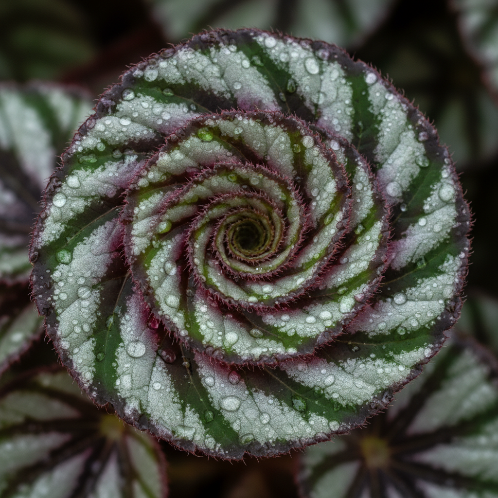 Zbliżenie na niezwykle dekoracyjne liście begonii królewskiej (Rex). Liście mają metaliczny połysk, spiralny kształt i hipnotyzujący wzór łączący odcienie srebra, głębokiej zieleni, burgundu i fioletu. Krople rosy delikatnie osiadły na ich powierzchni.