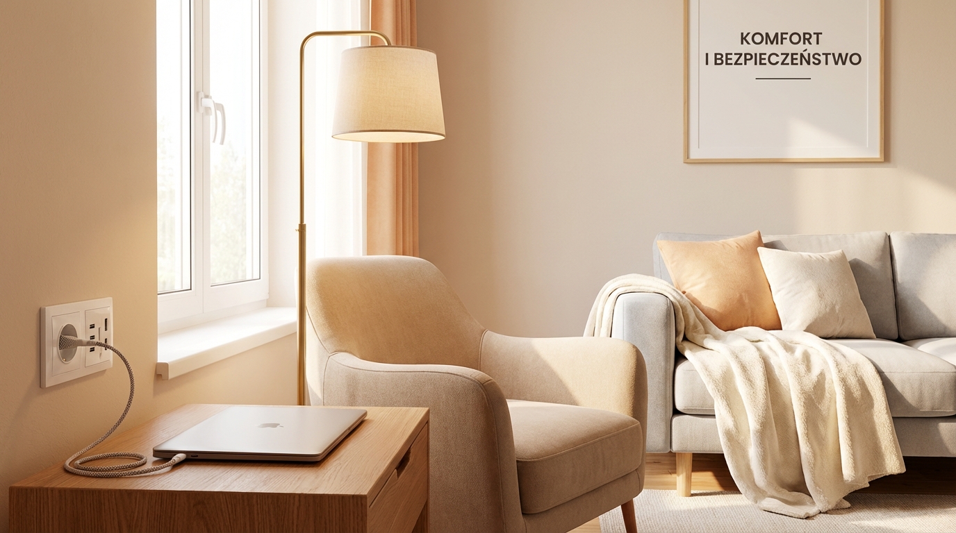 Jasne, nowoczesne wnętrze salonu z subtelnymi elementami elektrycznymi, takimi jak stylowa lampa podłogowa i laptop podłączony do ładowania w schludnym gniazdku. Całość utrzymana w ciepłej, przyjaznej kolorystyce, symbolizującej komfort i bezpieczeństwo domowego ogniska. Obraz powinien być fotorealistyczny i budzić poczucie spokoju.