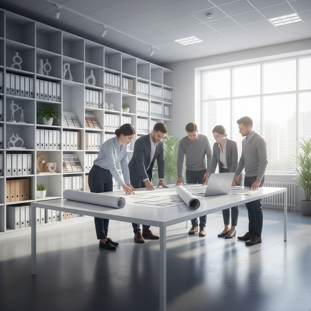 Jasne, przestronne i nowoczesne biuro architektoniczne. W centrum duży stół, na którym rozłożone są plany architektoniczne domu jednorodzinnego oraz laptop. W tle widać regały z segregatorami, wzornikami materiałów i minimalistyczne dekoracje. Przez duże okno wpada naturalne światło, tworząc atmosferę kreatywności i profesjonalizmu.