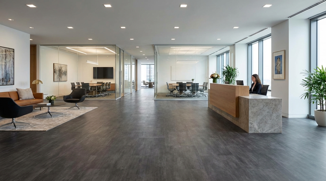 Przestronne, nowoczesne lobby biurowe z podłogą wykonaną z ciemnoszarych paneli winylowych LVT. W tle widać szklane ściany sal konferencyjnych i minimalistyczną recepcję. Całość jest dobrze oświetlona i sprawia wrażenie profesjonalnej i eleganckiej przestrzeni.