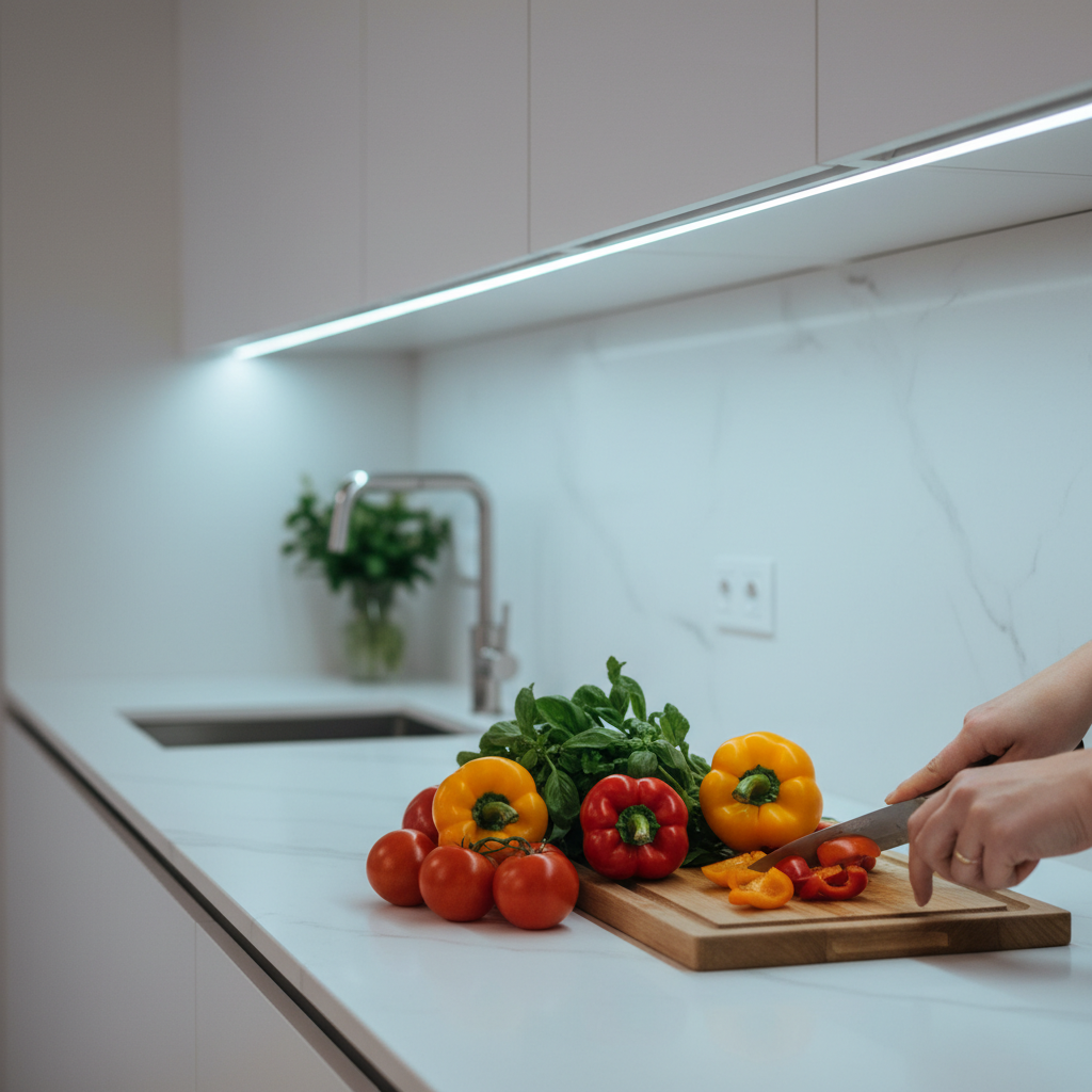 Nowoczesny, minimalistyczny blat kuchenny wykonany z jasnego kamienia. Na blacie leżą świeże warzywa: kolorowe papryki, pomidory i zioła. Dłonie osoby krojącej warzywa na desce są doskonale oświetlone jasnym, neutralnym światłem pochodzącym z dyskretnej listwy LED zamontowanej pod wiszącymi, białymi szafkami. Światło idealnie oddaje żywe kolory składników.