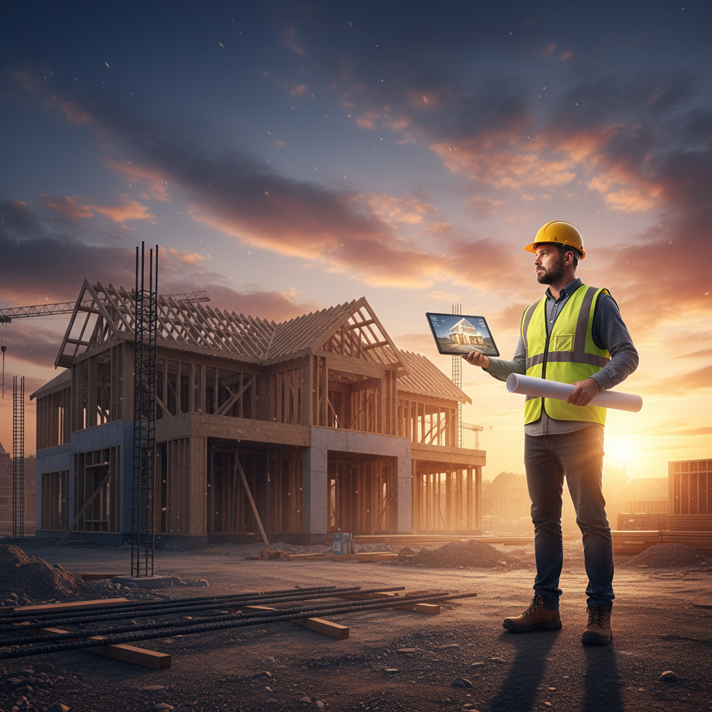 Architekt lub kierownik budowy stoi na placu budowy, w jednej ręce trzymając plany, a w drugiej tablet z cyfrowym projektem. W tle widać szkielet powstającego domu jednorodzinnego o zachodzie słońca.
