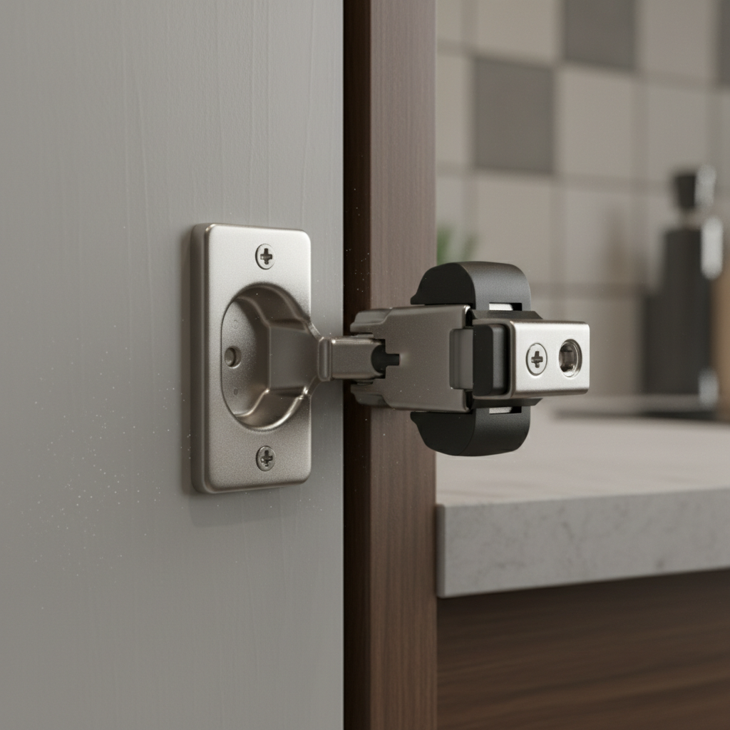 Cichy domyk - Zbliżenie na nowoczesny zawias w drzwiczkach szafki kuchennej. Drzwiczki są w ostatniej fazie zamykania, a wbudowany w zawias siłownik spowalnia ruch, gwarantując bezgłośne domknięcie. Zdjęcie ma charakter makro, podkreślając precyzję i technologię mechanizmu.