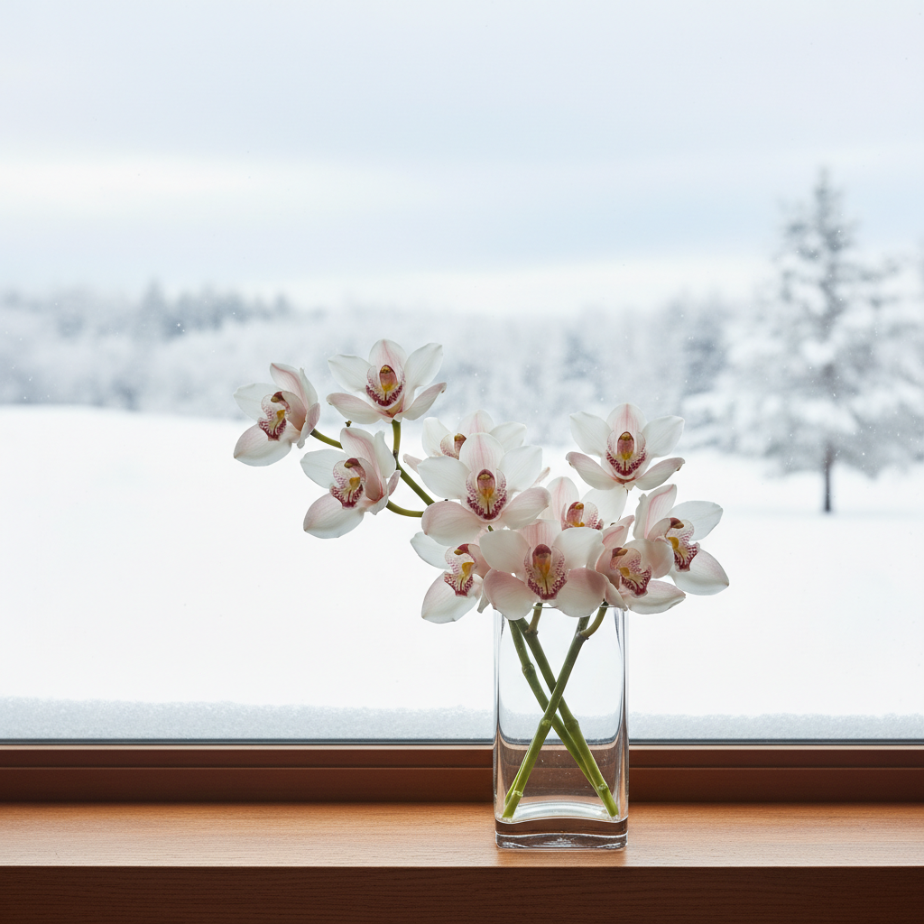 Elegancka, zimowa kompozycja kwiatowa z białymi i bladoróżowymi storczykami Cymbidium jako centralnym punktem. Kwiaty umieszczone są w minimalistycznym, szklanym wazonie na tle subtelnie ośnieżonego okna z widokiem na zimowy krajobraz. Całość oświetlona miękkim, rozproszonym światłem, tworząc atmosferę luksusu, spokoju i elegancji. Styl fotografii: jasny, lifestylowy, z małą głębią ostrości.