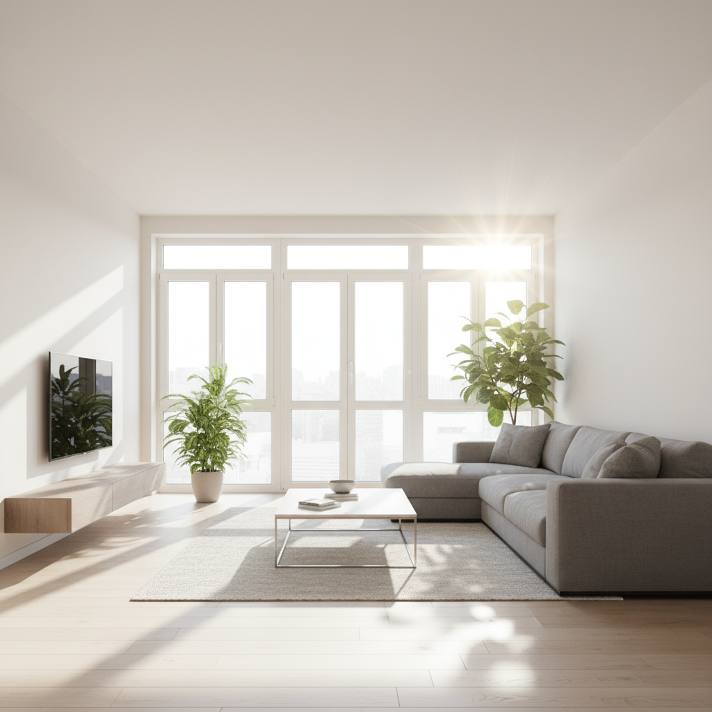 Jasne, nowoczesne wnętrze z dużymi, białymi oknami PVC, przez które wpada naturalne światło słoneczne, oświetlając minimalistyczny salon z drewnianą podłogą i wygodną sofą.