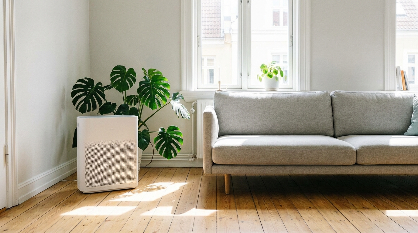 Jasny, przestronny salon urządzony w nowoczesnym, minimalistycznym stylu skandynawskim. Promienie słońca wpadają przez duże okno, oświetlając drewnianą podłogę i wygodną, jasnoszarą kanapę. W rogu pomieszczenia, obok dużej, zielonej rośliny doniczkowej (np. monstery), stoi elegancki, biały oczyszczacz powietrza. Cała scena emanuje spokojem, czystością i zdrowiem.