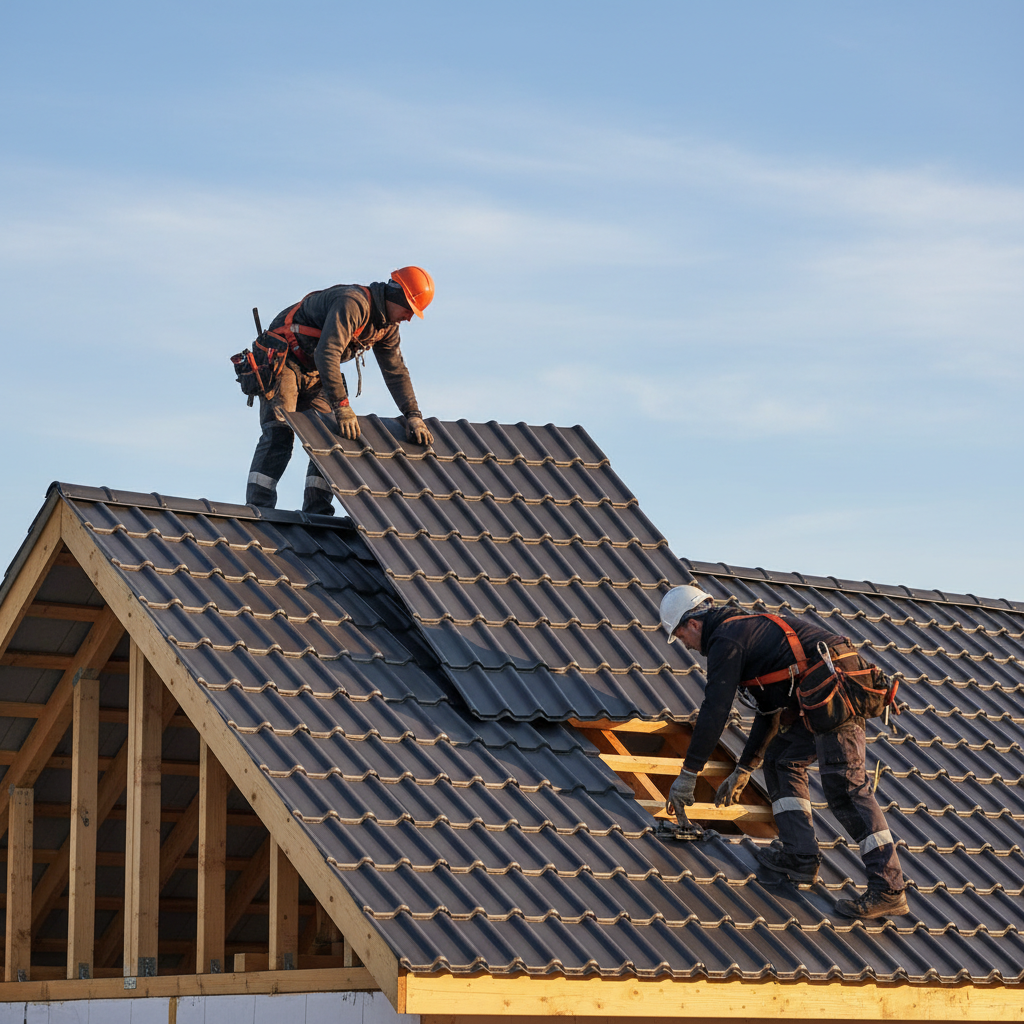 Dwóch dekarzy w profesjonalnym stroju montuje duży, grafitowy arkusz blachodachówki na prostym, dwuspadowym dachu nowo budowanego domu. W tle widać błękitne niebo z lekkimi chmurami.
