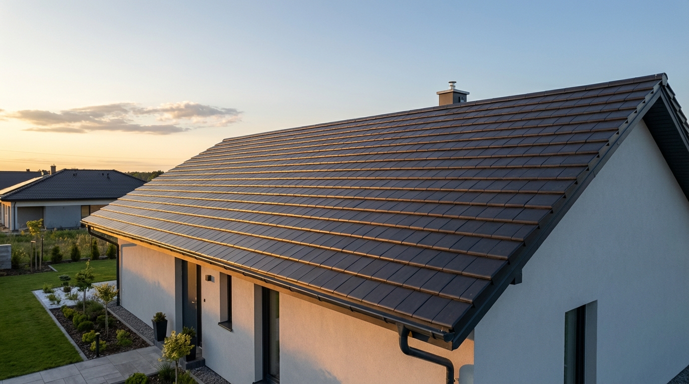 Fotorealistyczne ujęcie z drona pokazujące nowo wybudowany, nowoczesny dom jednorodzinny o prostej bryle. Głównym elementem jest idealnie położony, dwuspadowy dach pokryty antracytową dachówką ceramiczną Piemont. Słońce chyli się ku zachodowi, rzucając ciepłe, złote światło na połać dachu, co podkreśla jego gładką, angobowaną powierzchnię i elegancki kolor. Dom otoczony jest zadbanym, minimalistycznym ogrodem, a na czystym niebie widać kilka delikatnych chmur. Ujęcie ma charakter aspiracyjny, podkreślający piękno, solidność i prestiż dachu ceramicznego.