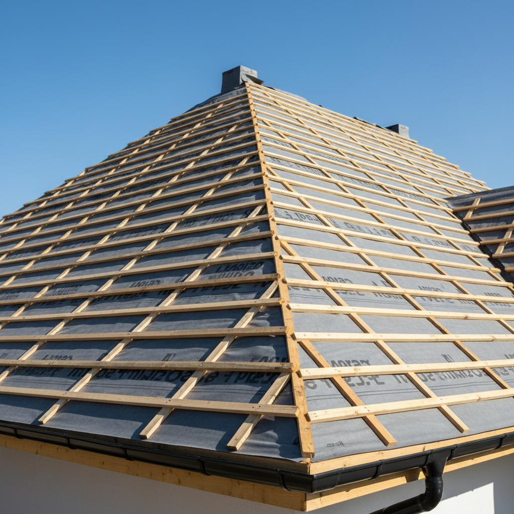 Profesjonalne zdjęcie konstrukcji dachu w trakcie budowy. Widok na połać dachu pokrytą nowoczesną, szarą membraną dachową (folią wiatroizolacyjną). Na membranie zamontowane są drewniane kontrłaty i łaty. Kadr skupia się na kalenicy, gdzie widać przygotowane miejsce pod montaż gąsiora i specjalnej taśmy wentylacyjnej. Słoneczny dzień, czyste niebo w tle.