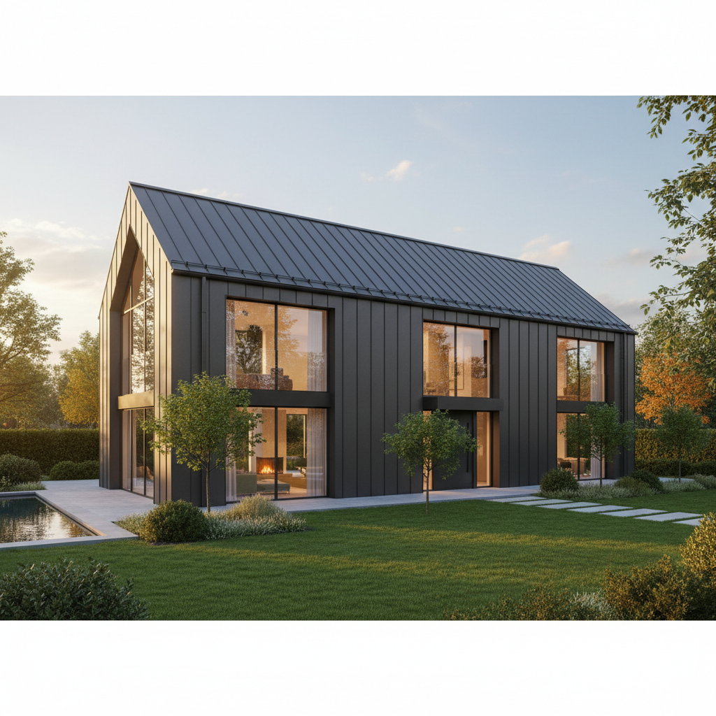 Szerokie ujęcie nowoczesnego domu typu stodoła z dużymi przeszkleniami, pokrytego matową, grafitową blachodachówką modułową. Dom jest otoczony zadbanym ogrodem, a ciepłe światło zachodzącego słońca podkreśla elegancką bryłę budynku i fakturę dachu.