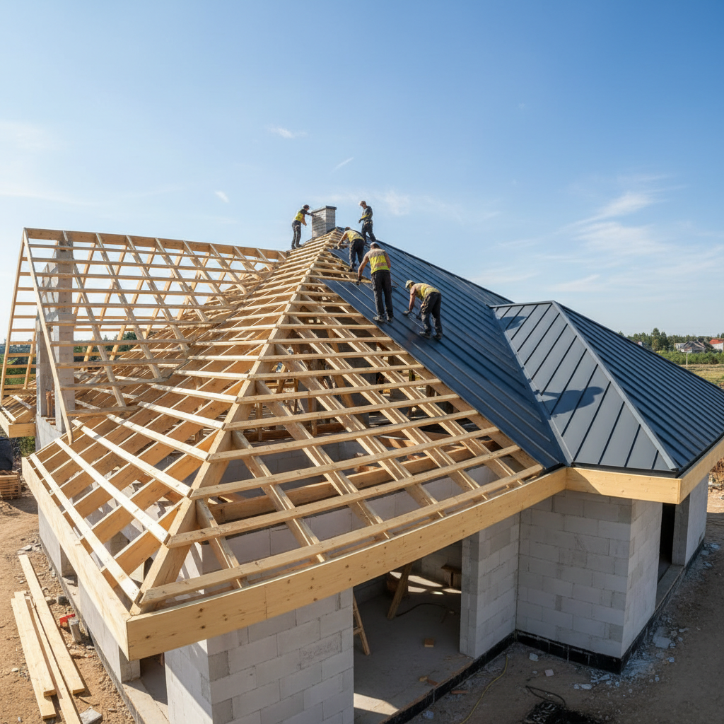 panoramiczne ujęcie dachu domu jednorodzinnego w trakcie budowy. Na pierwszym planie widać precyzyjnie ułożoną, jasną więźbę dachową, w tle pracują dekarze układający nowoczesną, grafitową blachodachówkę. Scena uchwycona w słoneczny dzień, podkreślająca profesjonalizm i skalę inwestycji.
