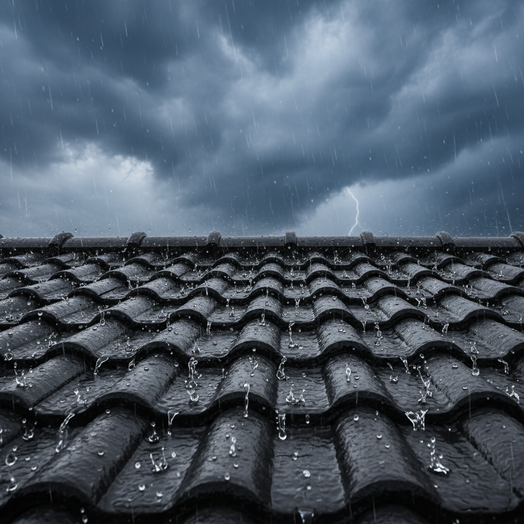 Zbliżenie na fragment dachu z ciemnej dachówki podczas ulewnego deszczu, z kroplami wody spływającymi po jej powierzchni, w tle dramatyczne, burzowe niebo. Obraz podkreśla odporność dachu na trudne warunki atmosferyczne.