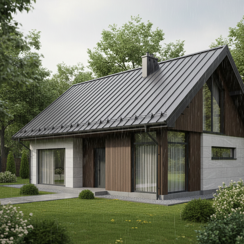 Nowoczesny dom jednorodzinny z eleganckim, grafitowym dachem z blachodachówki podczas letniego deszczu. Krople wody spływają po idealnie ułożonym pokryciu, podkreślając jego szczelność i estetykę. W tle widać zieleń ogrodu, a cała scena ma spokojny, bezpieczny nastrój.