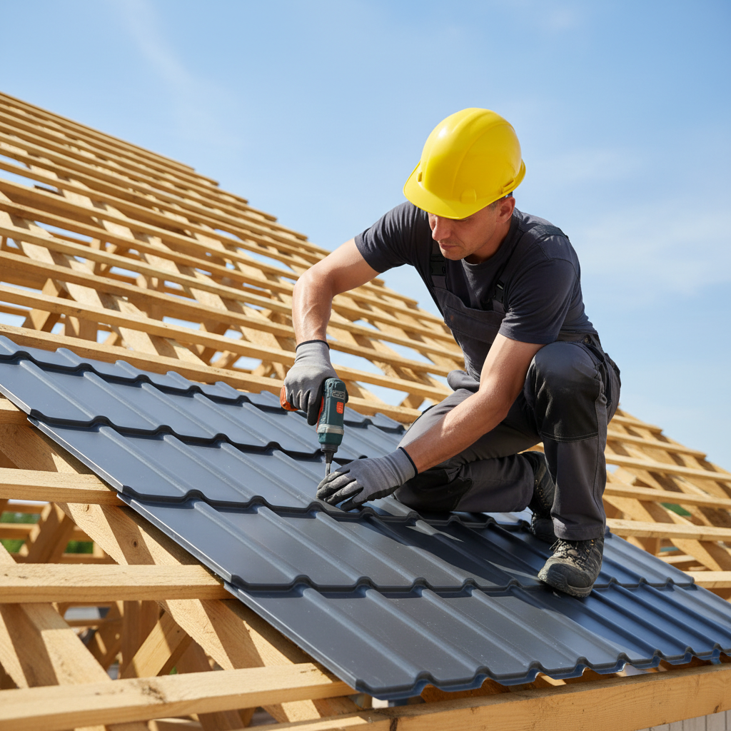 Profesjonalny dekarz w kasku i rękawicach starannie mocuje arkusz blachodachówki na nowym dachu, używając specjalistycznego wkrętaka. Słoneczny dzień, w tle widać fragment nieba i konstrukcję dachu. Ujęcie podkreśla profesjonalizm i dbałość o detale.