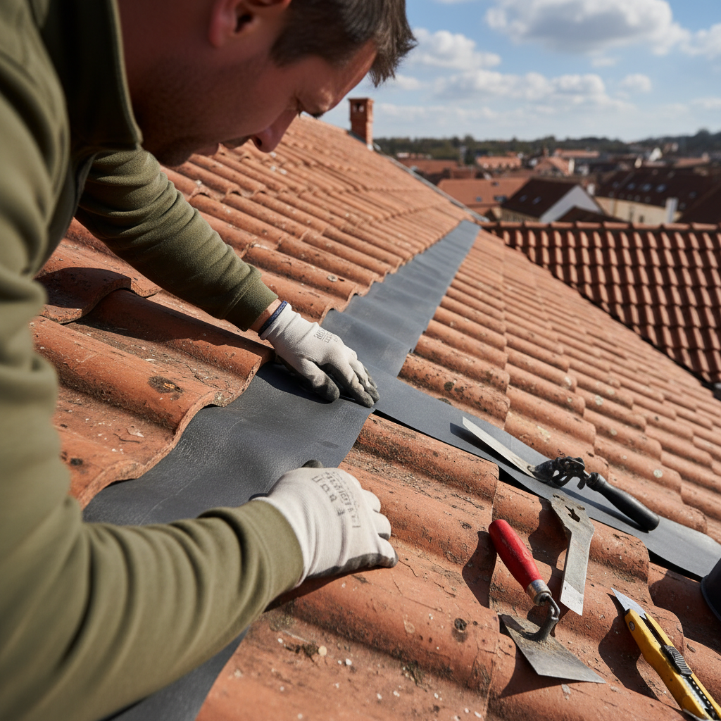 Ujęcie zza ramienia dekarza w rękawicach roboczych, który precyzyjnie dociska elastyczną, grafitową taśmę kominową do falistego kształtu dachówek ceramicznych. Widać skupienie na jego twarzy i profesjonalne narzędzia obok.